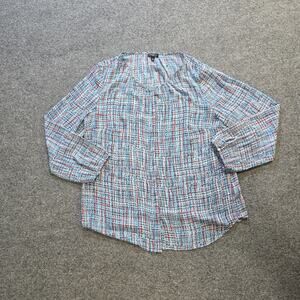Talbots Top Women Size Large Petite Blue Red Plaid Button Up Sheer Career Casual